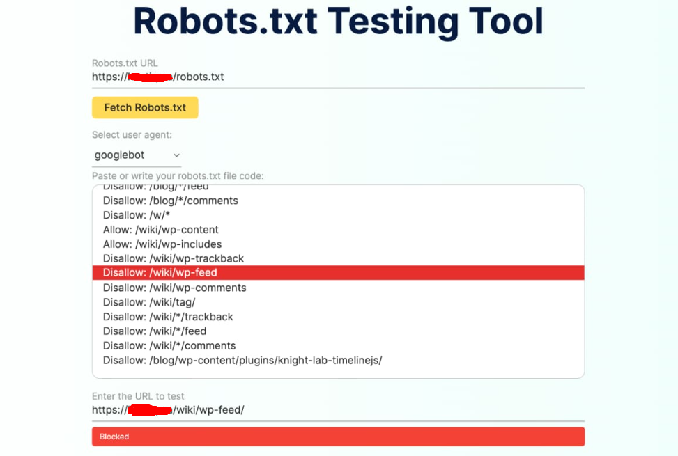 Скриншот инструмента проверки robots.txt, показывающего правила запрета и результат тестирования заблокированного URL-адреса для робота googlebot