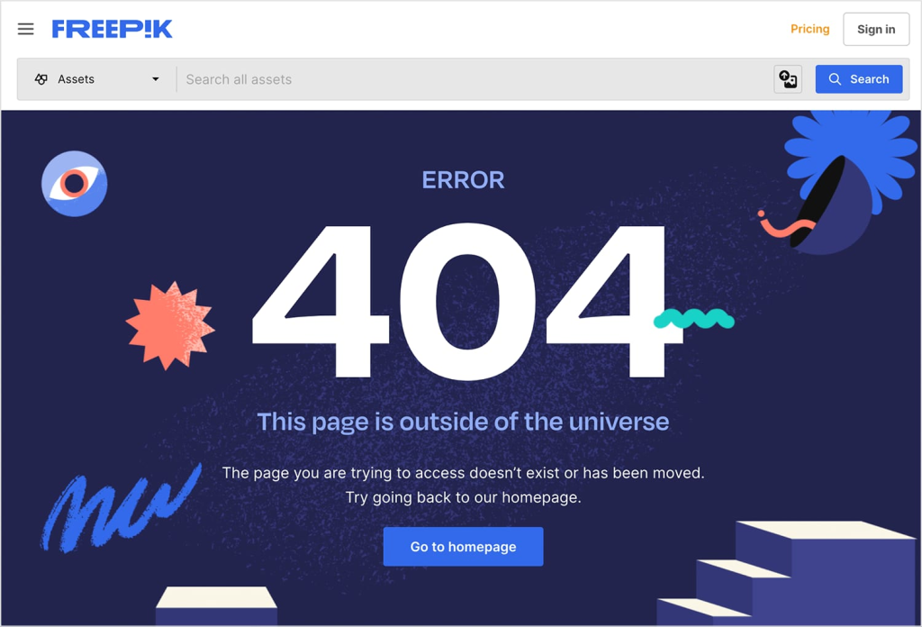 Страница с ошибкой 404 от Freepik 