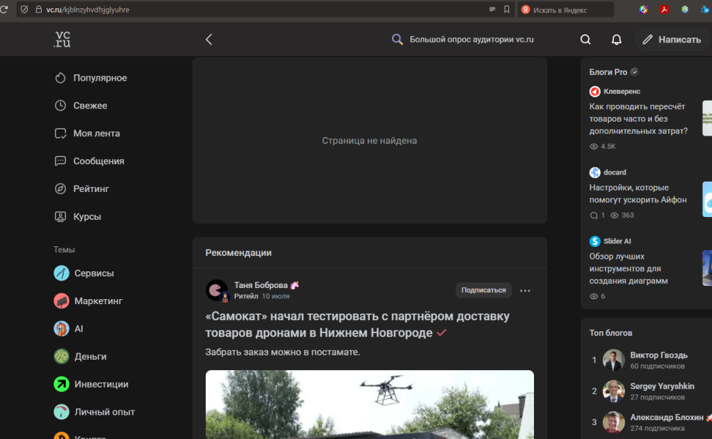 Страница 404 отечественной блоговой платформы VC.ru
